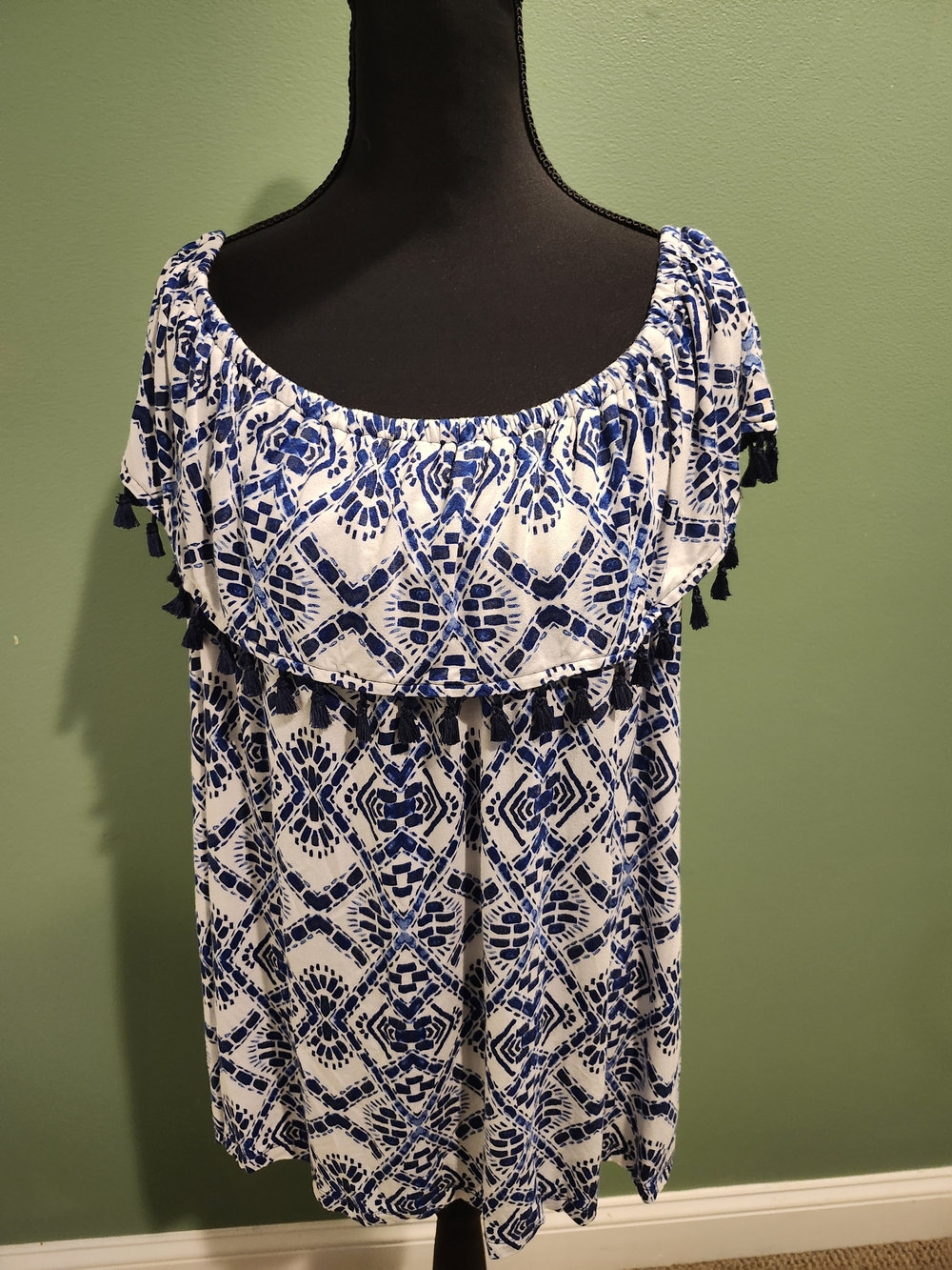 Fever Blue and White Off-Shoulder Tassel Tunic